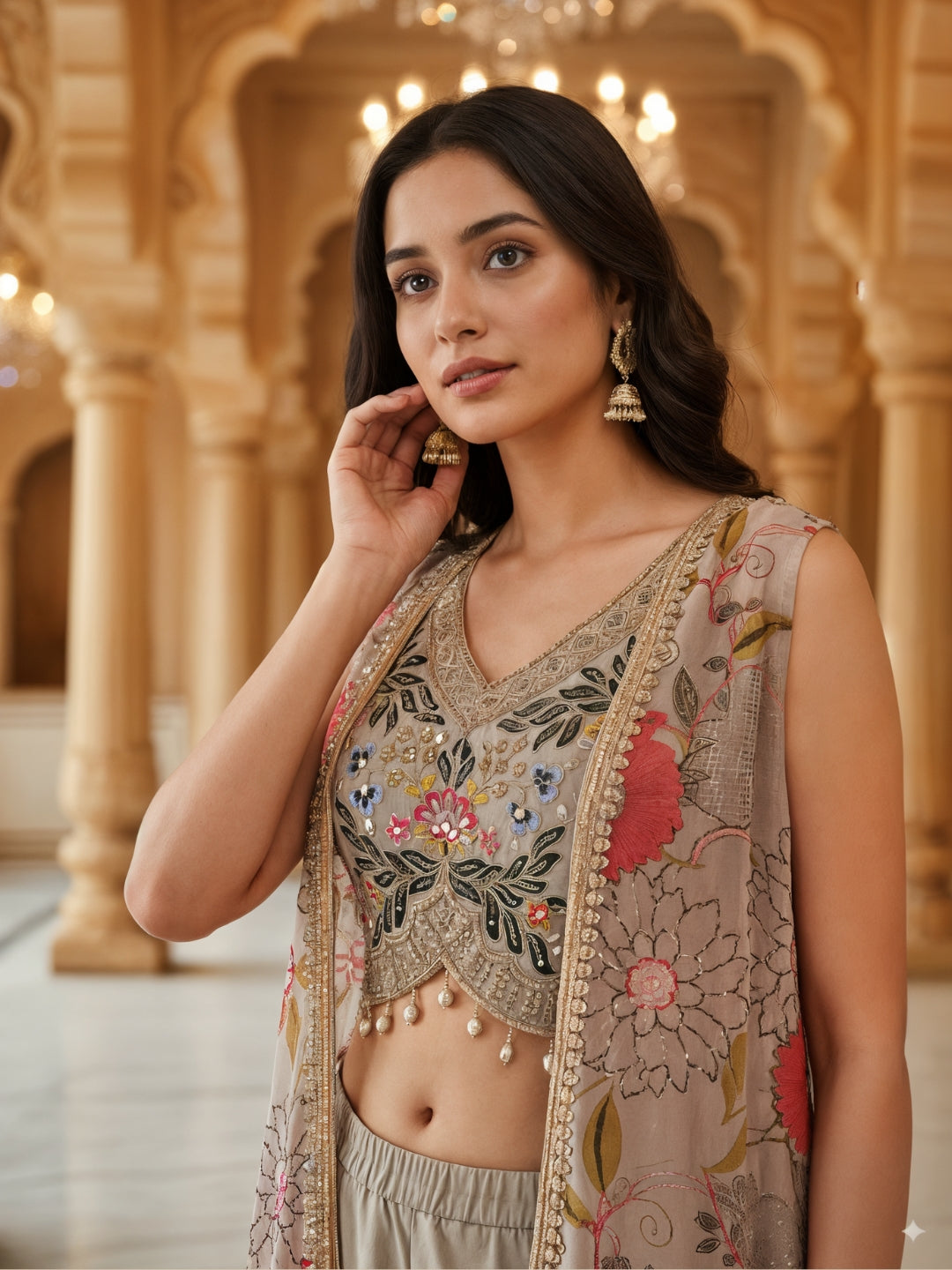 Embroidered Indo-western Pallazo Set with Scalloped Tasseled CropTop & Floral Print Cape