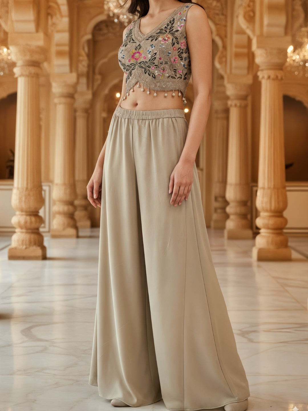 Embroidered Indo-western Pallazo Set with Scalloped Tasseled CropTop & Floral Print Cape