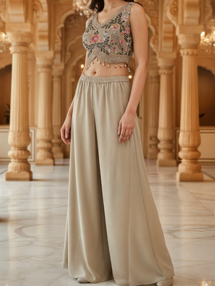 Embroidered Indo-western Pallazo Set with Scalloped Tasseled CropTop & Floral Print Cape