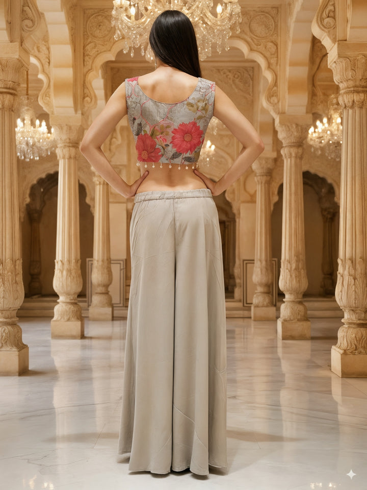 Embroidered Indo-western Pallazo Set with Scalloped Tasseled CropTop & Floral Print Cape