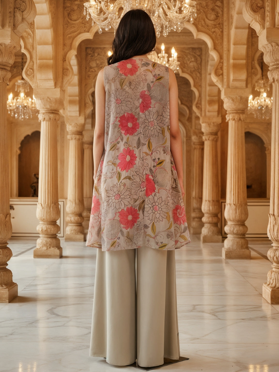 Embroidered Indo-western Pallazo Set with Scalloped Tasseled CropTop & Floral Print Cape