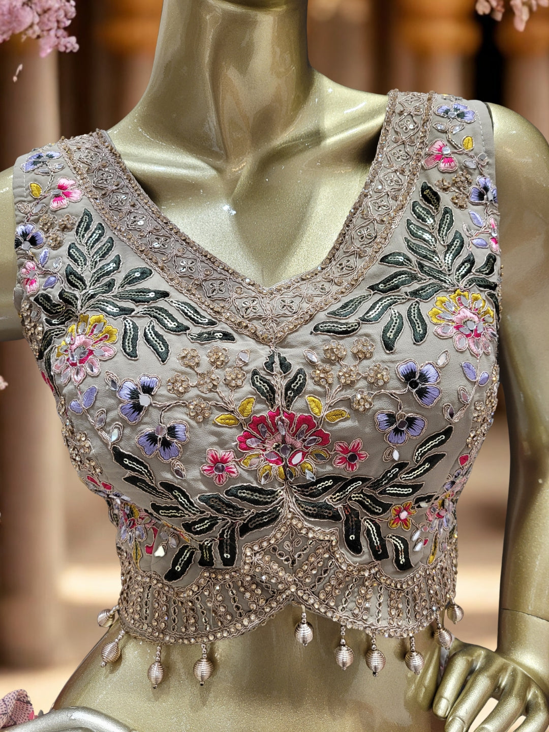 Embroidered Indo-western Pallazo Set with Scalloped Tasseled CropTop & Floral Print Cape