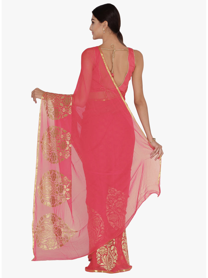 Pink Chiffon Light Weight Saree with Resham Embroidered Tropical Motifs