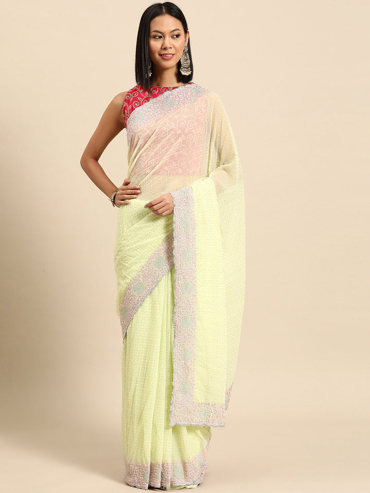 Lime Green Print Georgette Belted Saree With Resham Cutwork Border
