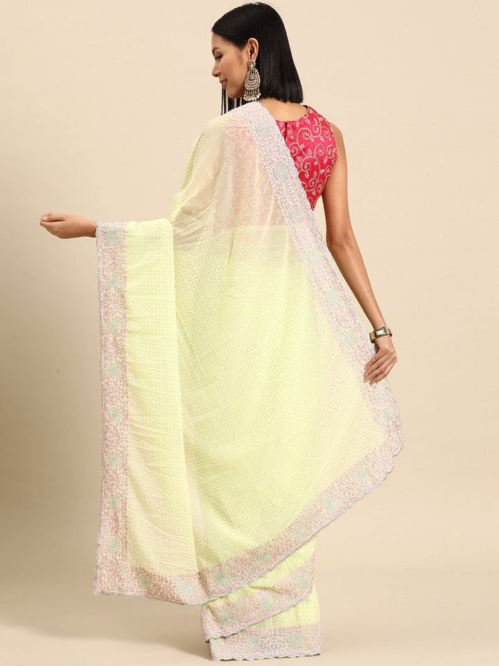 Lime Green Print Georgette Belted Saree With Resham Cutwork Border