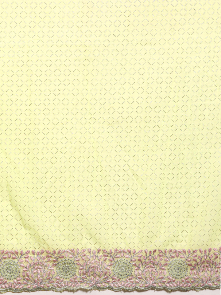 Lime Green Print Georgette Belted Saree With Resham Cutwork Border