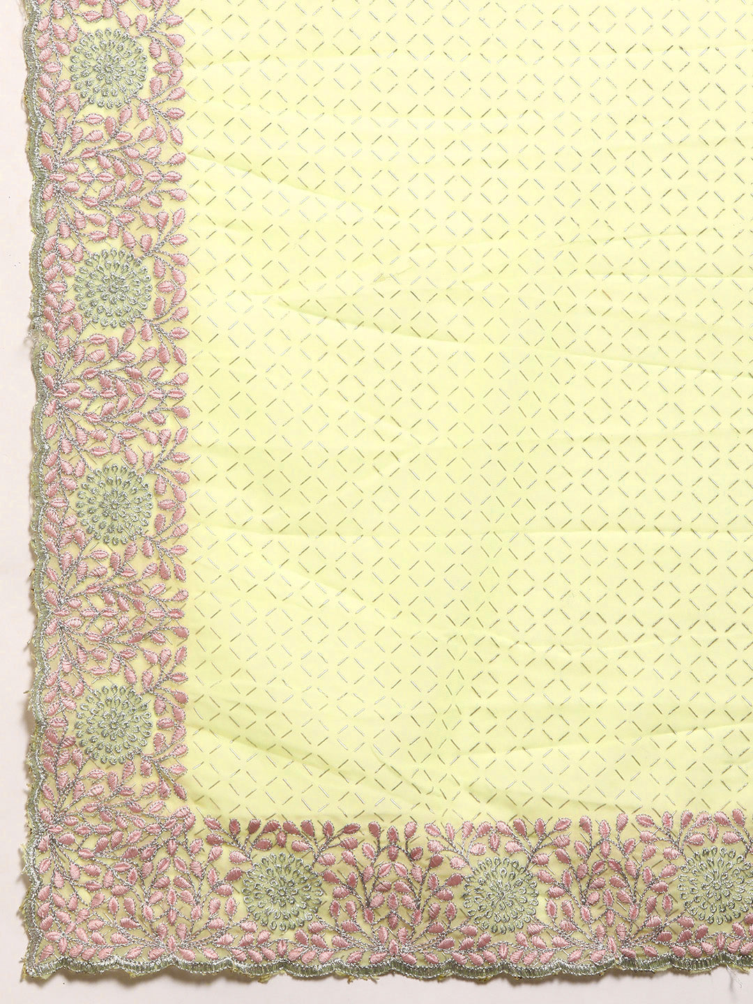 Lime Green Print Georgette Belted Saree With Resham Cutwork Border