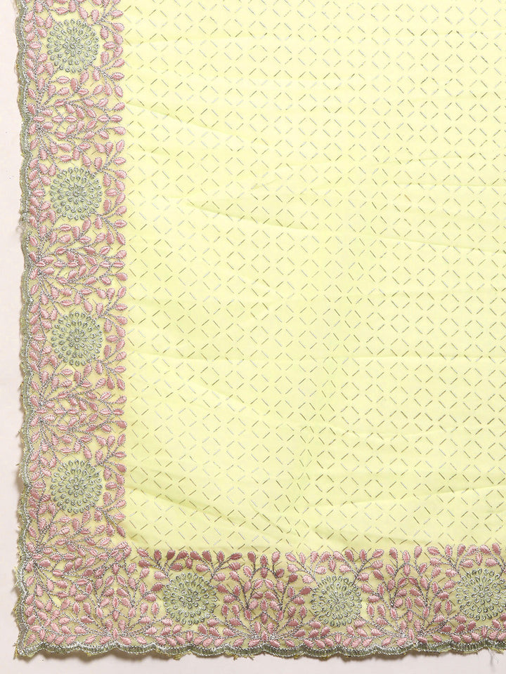 Lime Green Print Georgette Belted Saree With Resham Cutwork Border