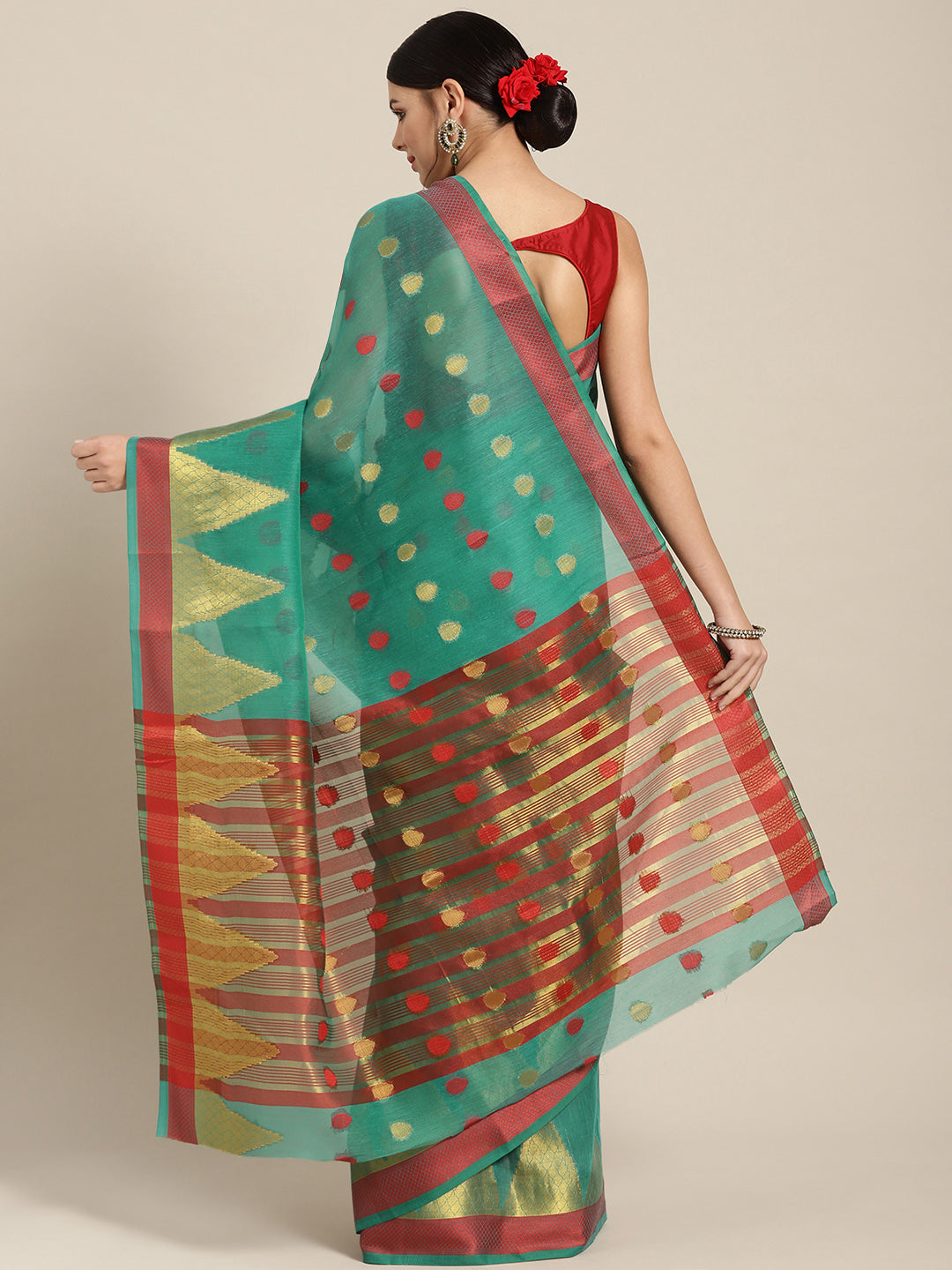 Teal Chanderi Silk Saree with Zari and Resham Weaving In A Traditional Temple Pattern