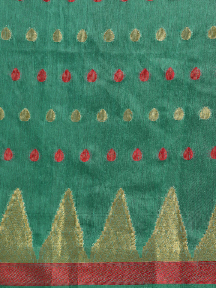 Teal Chanderi Silk Saree with Zari and Resham Weaving In A Traditional Temple Pattern