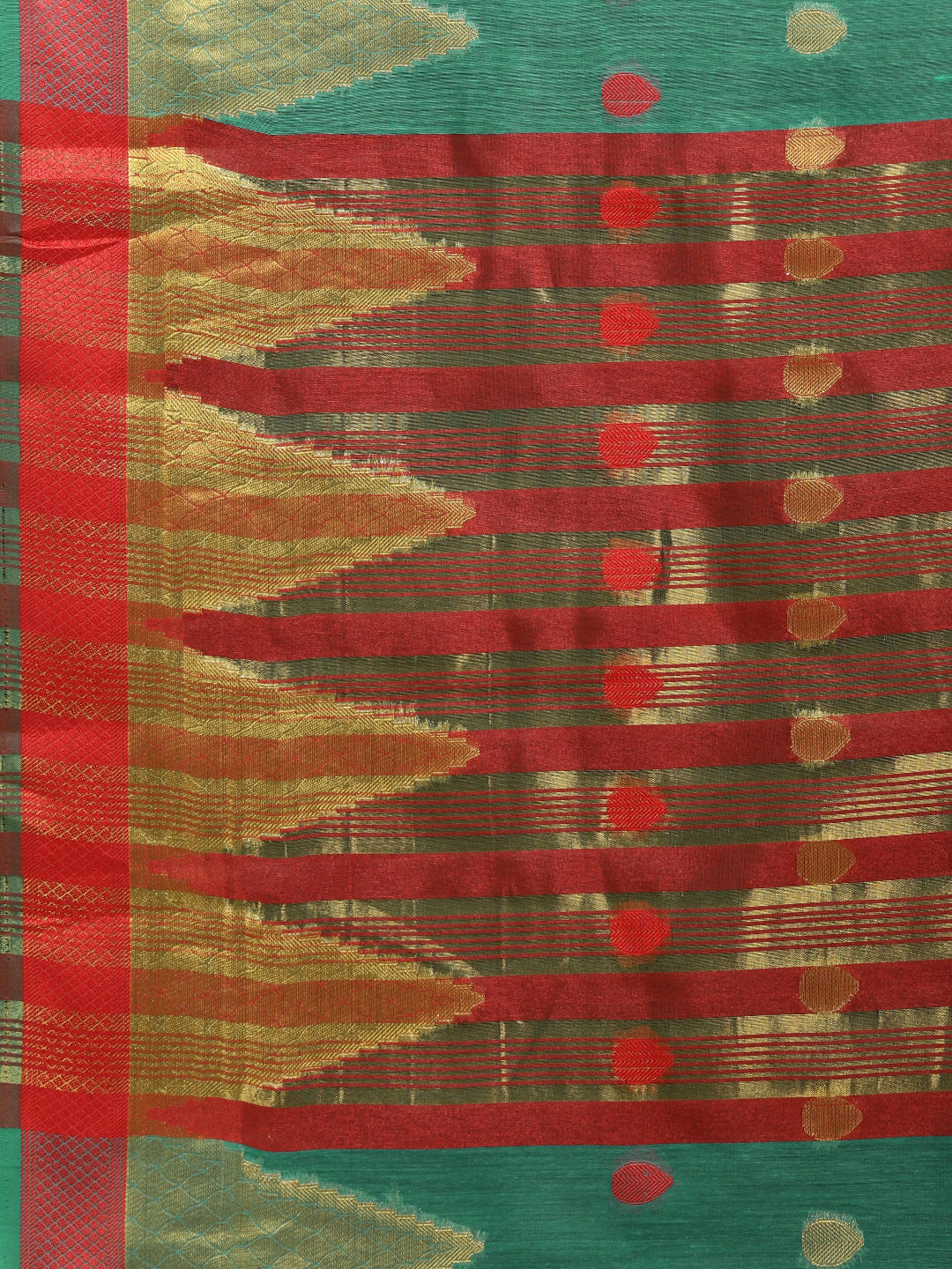 Teal Chanderi Silk Saree with Zari and Resham Weaving In A Traditional Temple Pattern