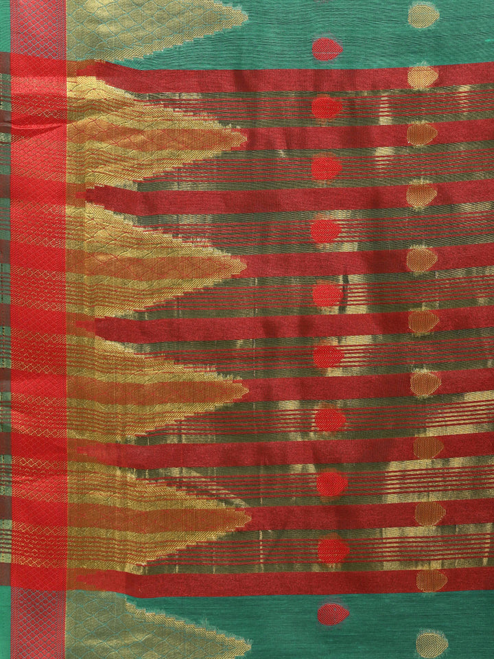 Teal Chanderi Silk Saree with Zari and Resham Weaving In A Traditional Temple Pattern