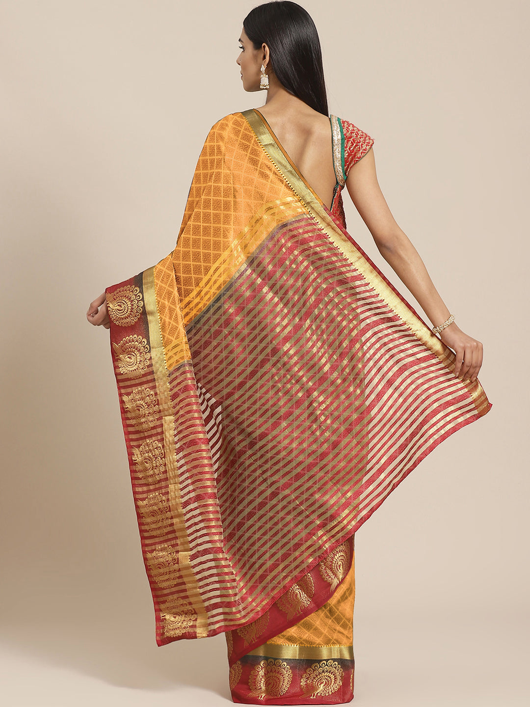 Traditional Banarasi Saree with Contrast peacock motif woven border