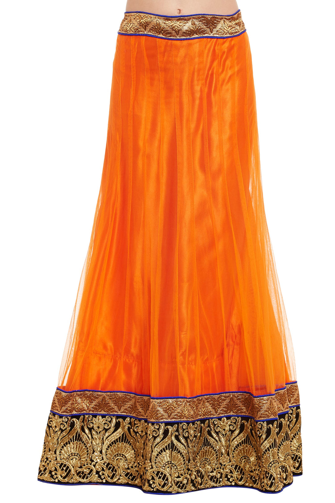 Orange Color Golden Zari work with Orange Dupatta Net unstitched Lehenga