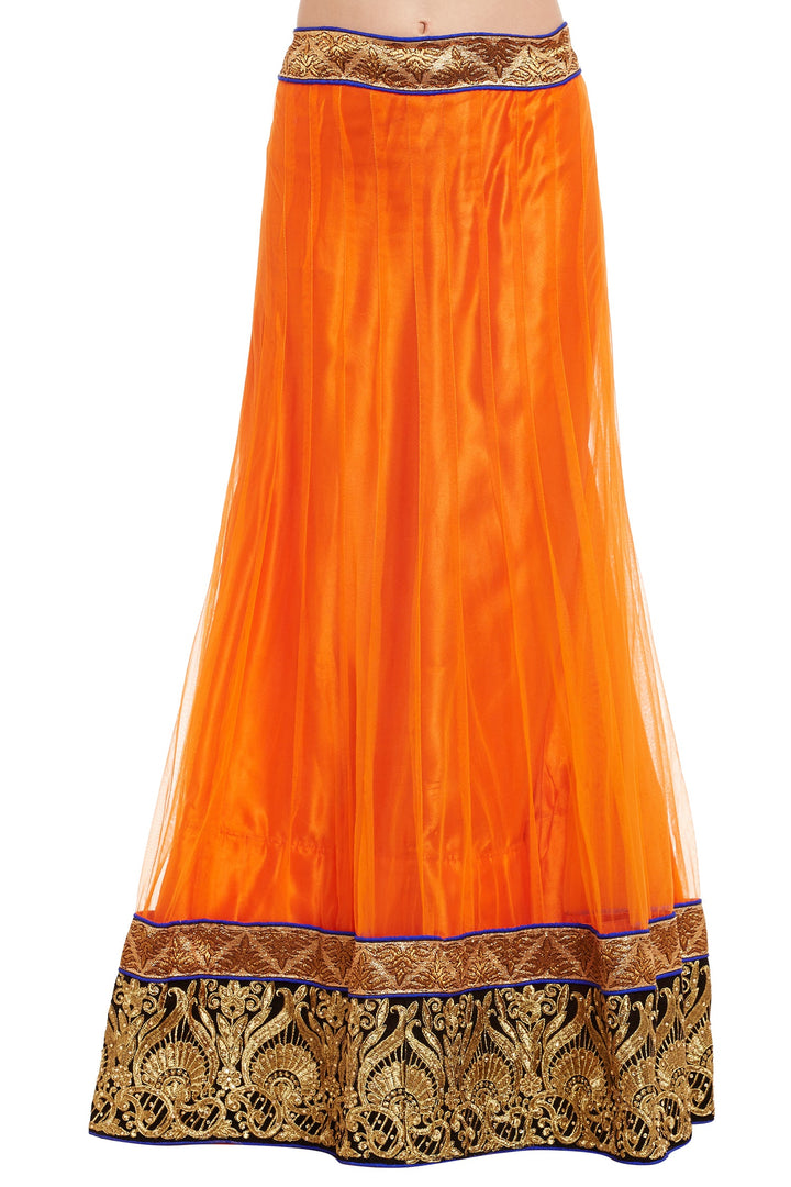 Orange Color Golden Zari work with Orange Dupatta Net unstitched Lehenga