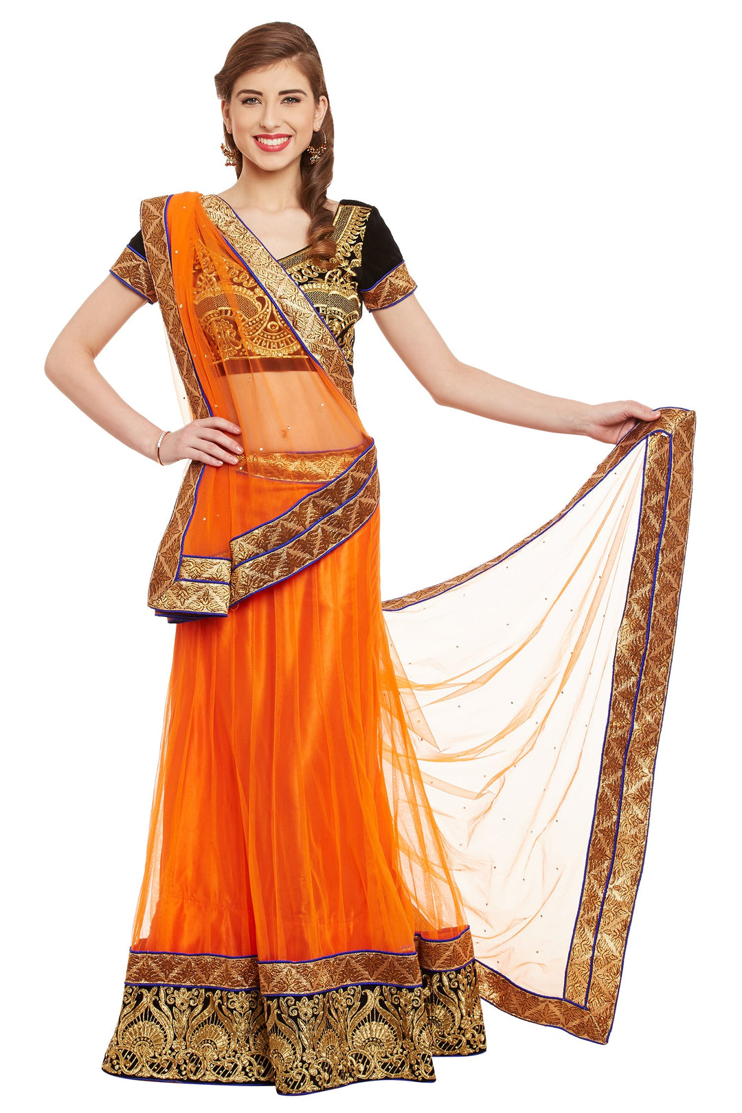 Orange Color Golden Zari work with Orange Dupatta Net unstitched Lehenga