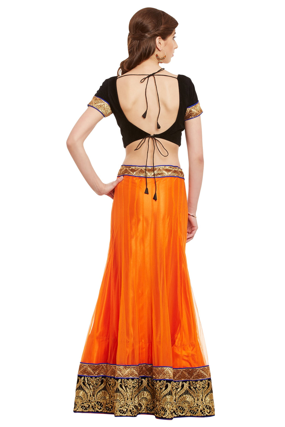 Orange Color Golden Zari work with Orange Dupatta Net unstitched Lehenga