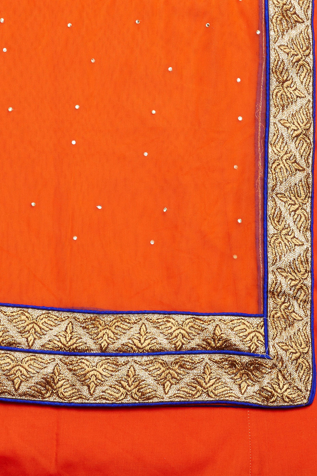 Orange Color Golden Zari work with Orange Dupatta Net unstitched Lehenga