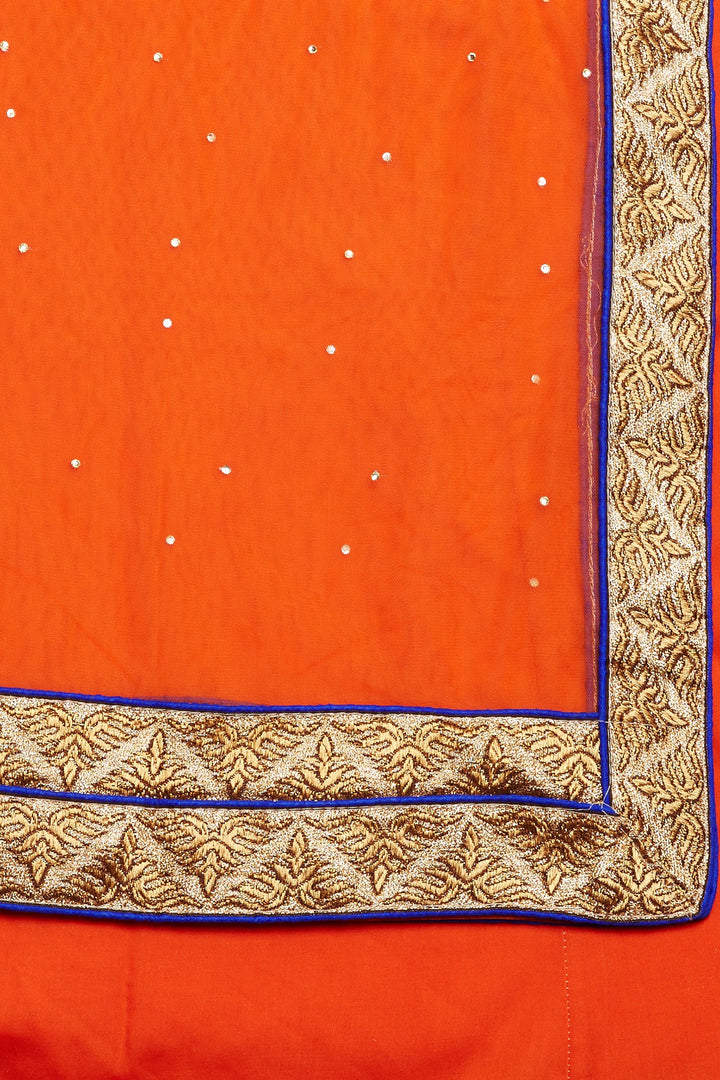 Orange Color Golden Zari work with Orange Dupatta Net unstitched Lehenga