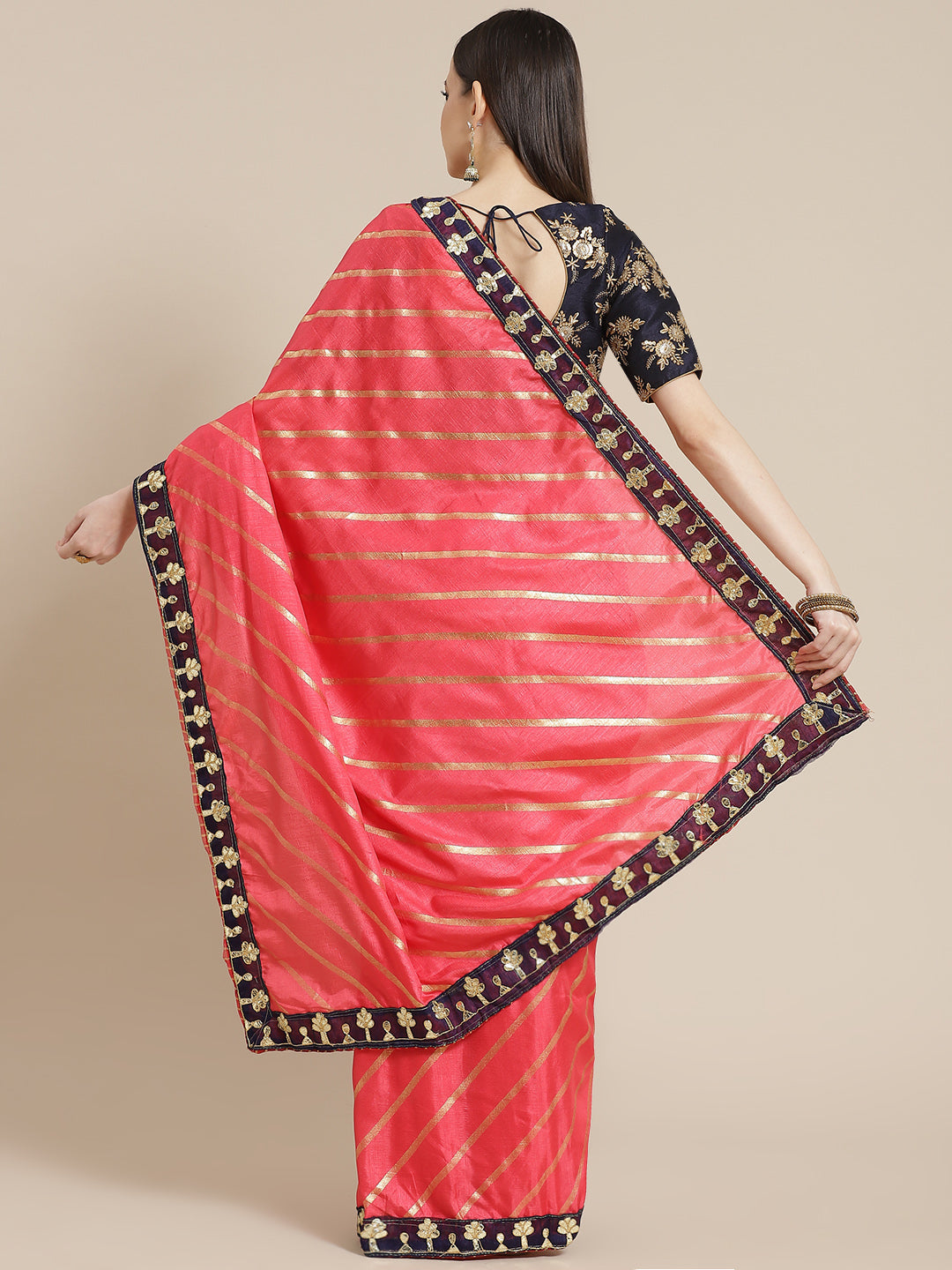 Gajari Pink Foil print Leheriya Saree with Gotapatti Embroidery Border
