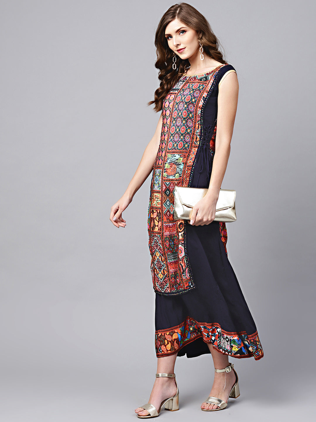 Tribal Pattern Layered Dress with Crystal Embellishments
