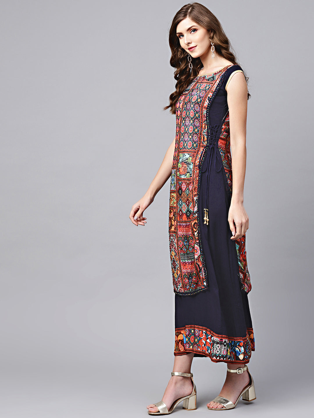 Tribal Pattern Layered Dress with Crystal Embellishments