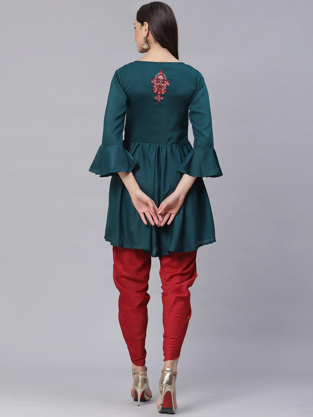 Made to Measure Thread Embroidered Peplum Kurta with Bell Sleeves & Harrem Pants