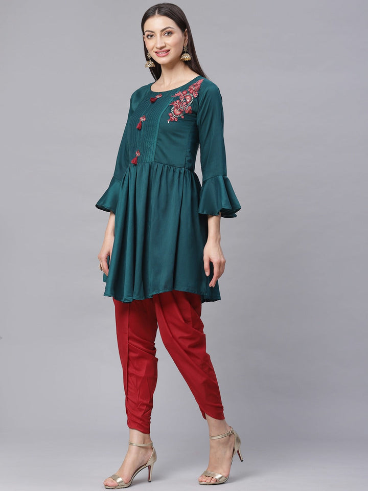 Made to Measure Thread Embroidered Peplum Kurta with Bell Sleeves & Harrem Pants