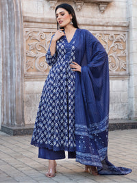 Navy Blue Floral Print Sequins Anarkali Kurta Palazzo Dupatta Set