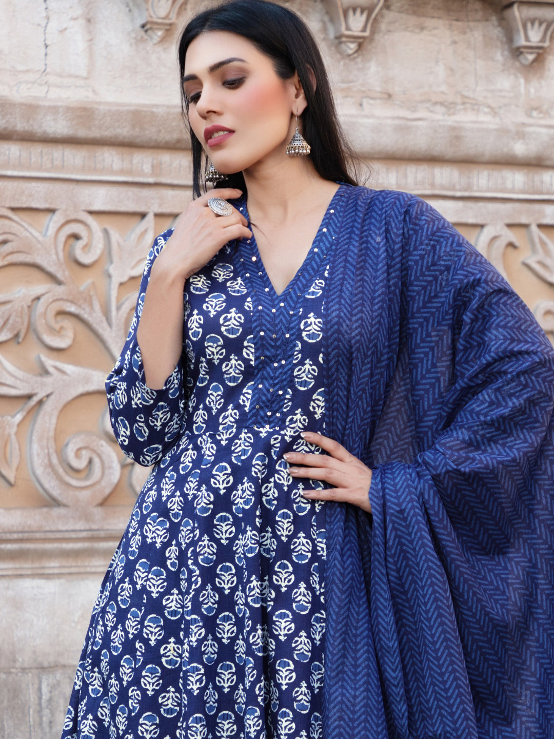 Navy Blue Floral Print Sequins Anarkali Kurta Palazzo Dupatta Set
