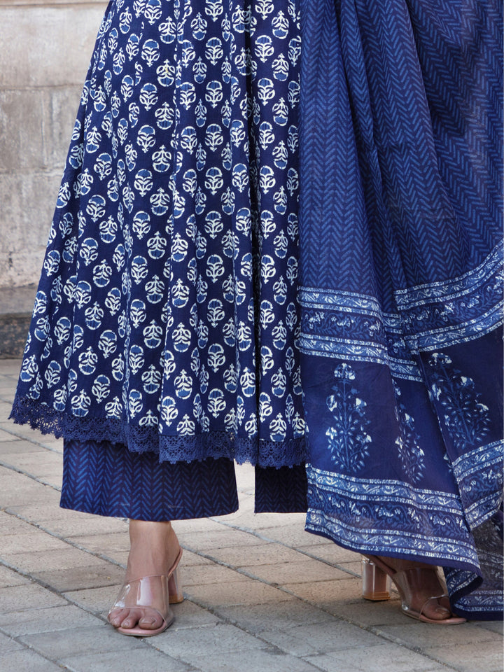 Navy Blue Floral Print Sequins Anarkali Kurta Palazzo Dupatta Set