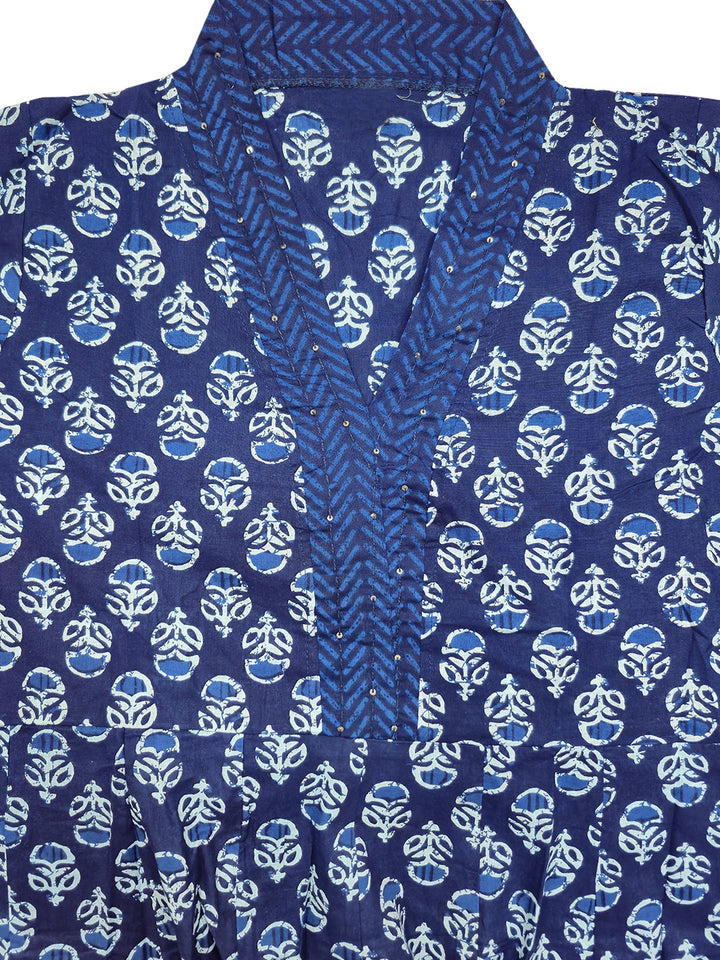 Navy Blue Floral Print Sequins Anarkali Kurta Palazzo Dupatta Set