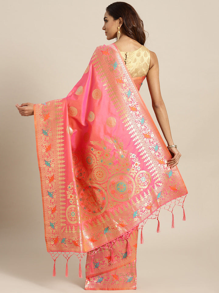 Banarasi Handloom Silk Saree with Floral Meenakari and Jhalar
