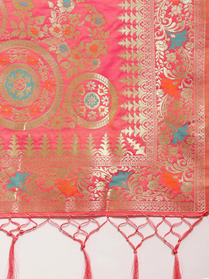 Banarasi Handloom Silk Saree with Floral Meenakari and Jhalar