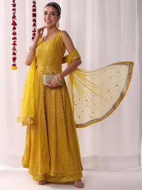 Chhabra 555 Chikankari Embroidery Sequinned Indo-western Front-Slit Kurta Set with Flared Pallazo