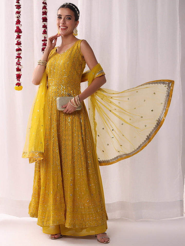 Chhabra 555 Chikankari Embroidery Sequinned Indo-western Front-Slit Kurta Set with Flared Pallazo