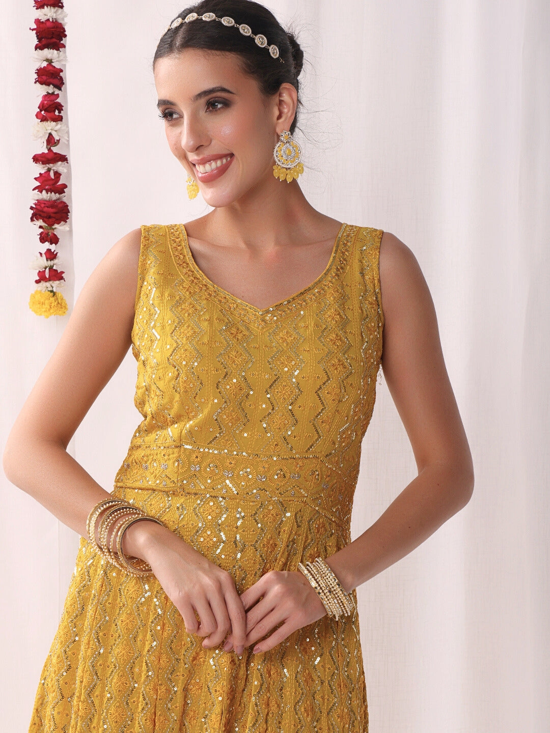 Chikankari Embroidery Sequinned Indo-western Front-Slit Kurta Set with Flared Pallazo