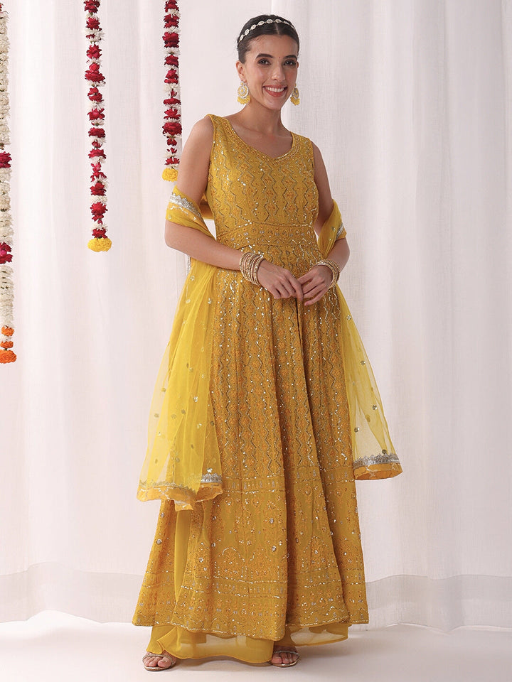 Chikankari Embroidery Sequinned Indo-western Front-Slit Kurta Set with Flared Pallazo