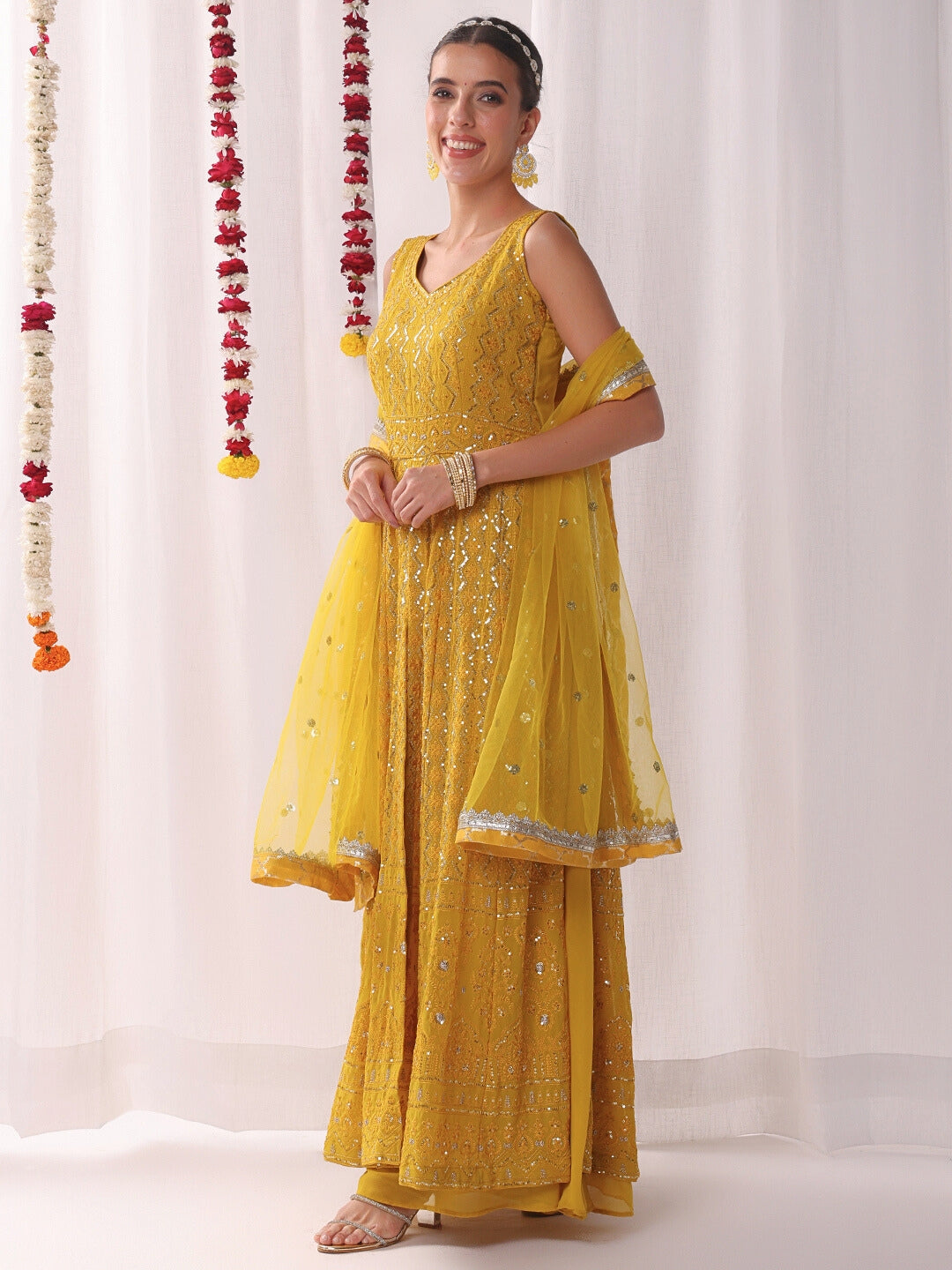 Chikankari Embroidery Sequinned Indo-western Front-Slit Kurta Set with Flared Pallazo