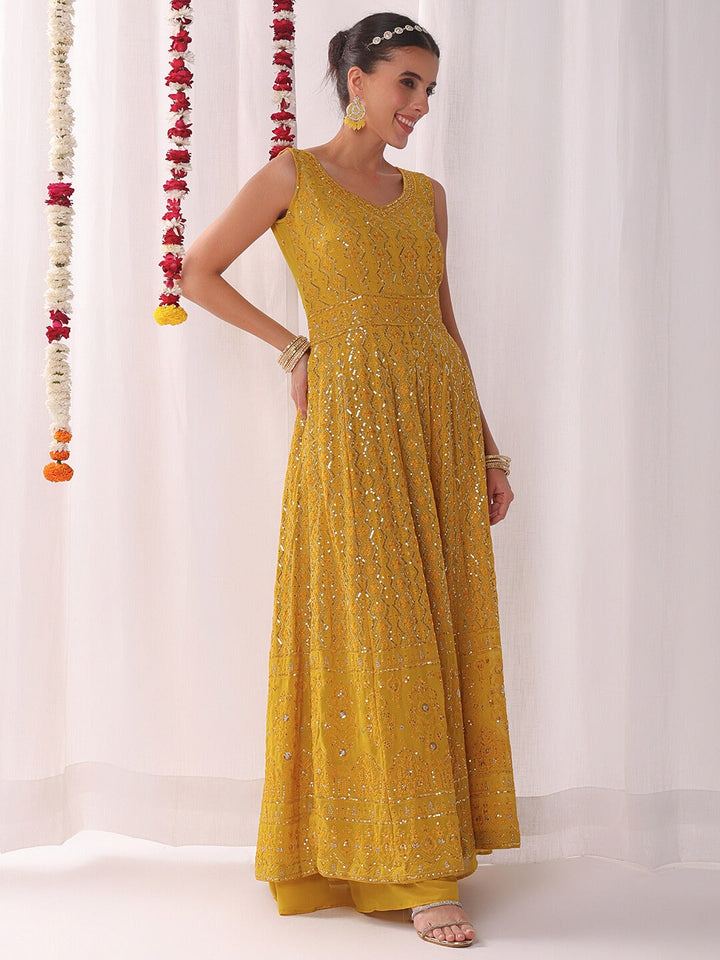 Chikankari Embroidery Sequinned Indo-western Front-Slit Kurta Set with Flared Pallazo