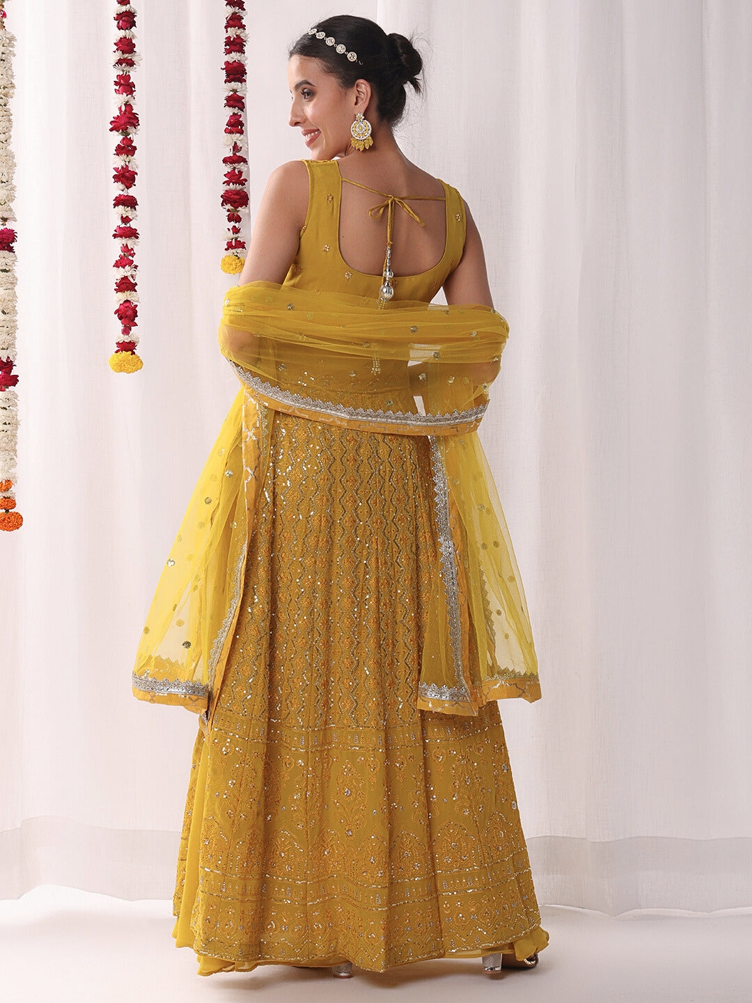 Chikankari Embroidery Sequinned Indo-western Front-Slit Kurta Set with Flared Pallazo