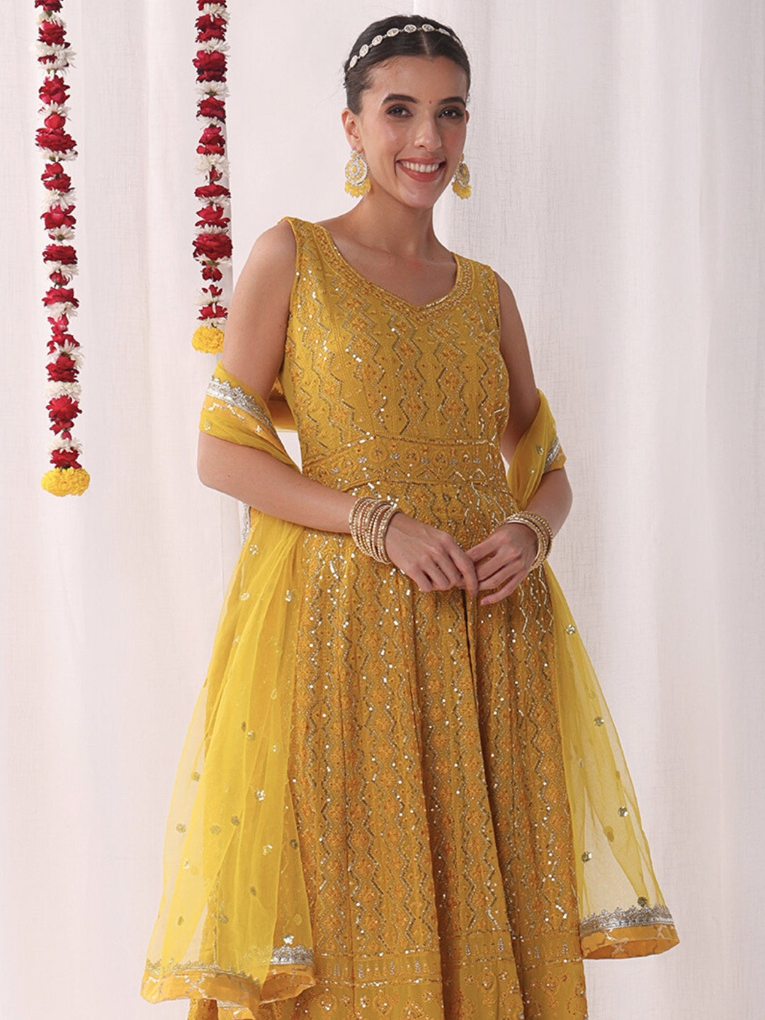 Chikankari Embroidery Sequinned Indo-western Front-Slit Kurta Set with Flared Pallazo