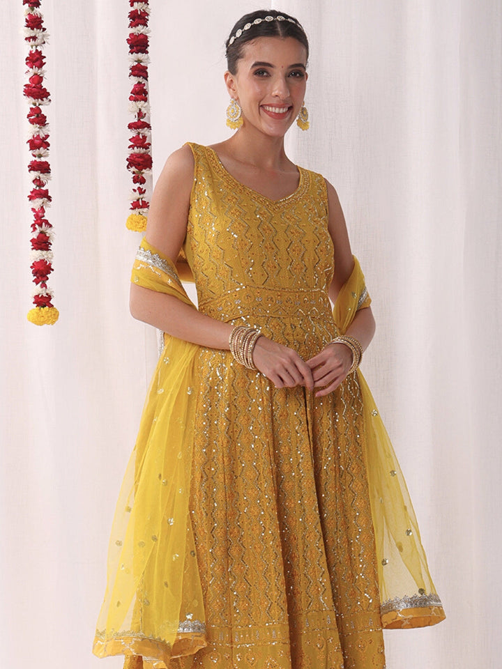 Chikankari Embroidery Sequinned Indo-western Front-Slit Kurta Set with Flared Pallazo