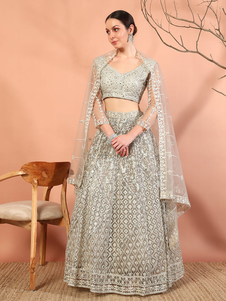 Nude Grey Resham Aari Embroidery and Mirror Work Choli Lehenga Set & Embellished Dupatta