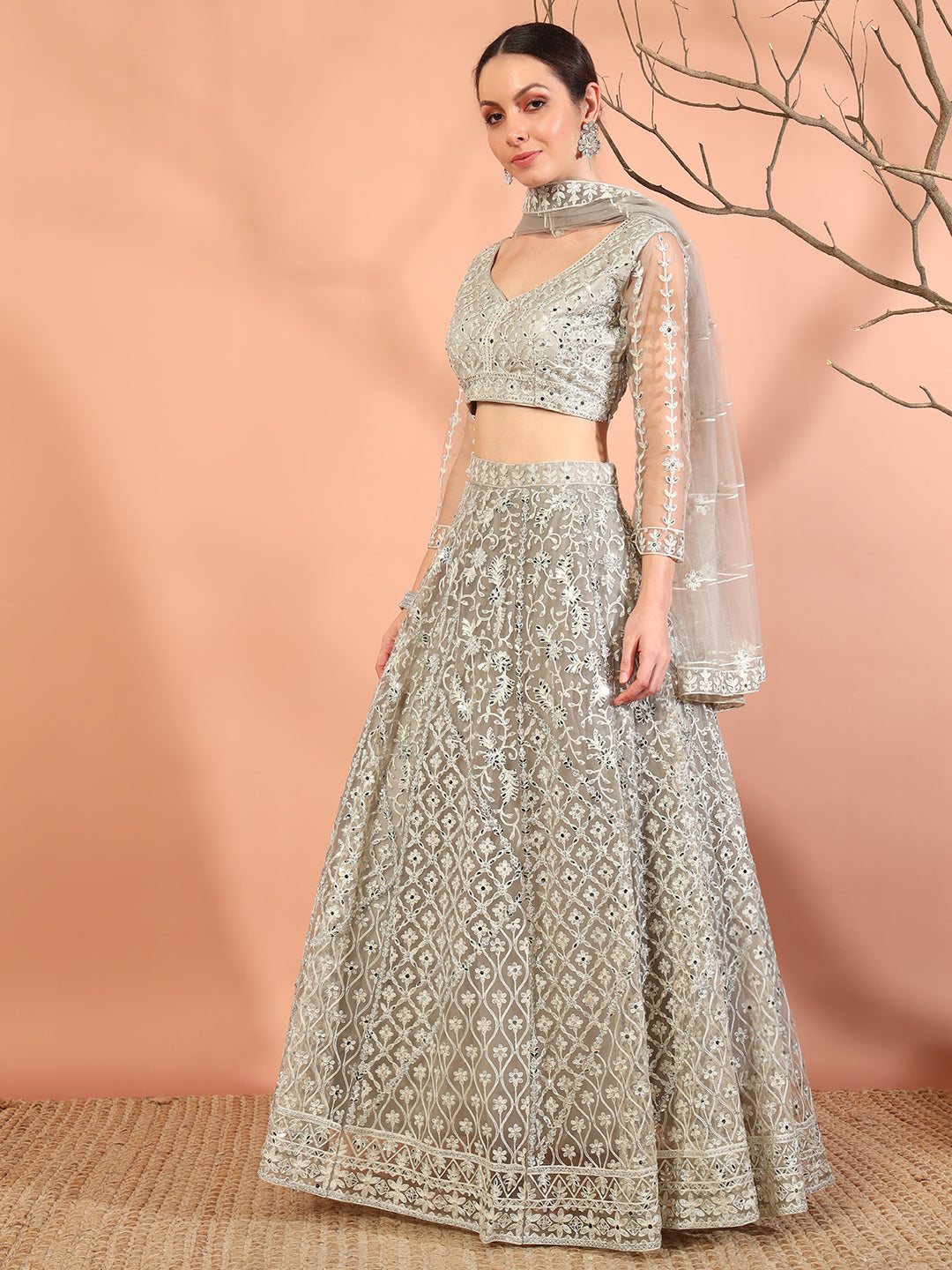 Nude Grey Resham Aari Embroidery and Mirror Work Choli Lehenga Set & Embellished Dupatta