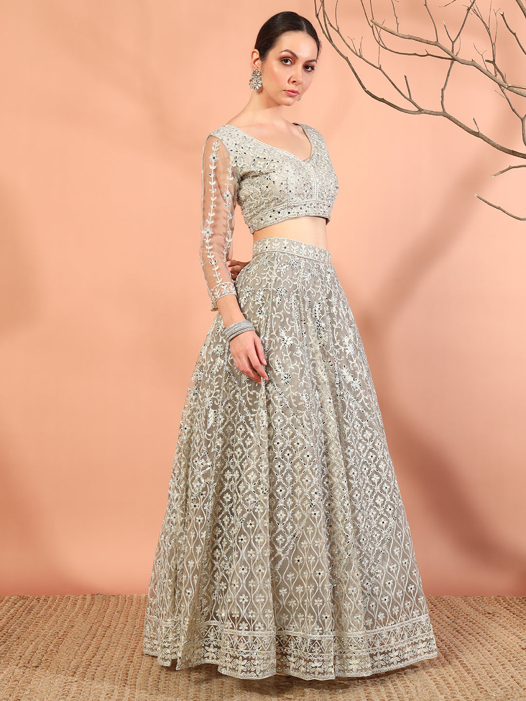 Nude Grey Resham Aari Embroidery and Mirror Work Choli Lehenga Set & Embellished Dupatta