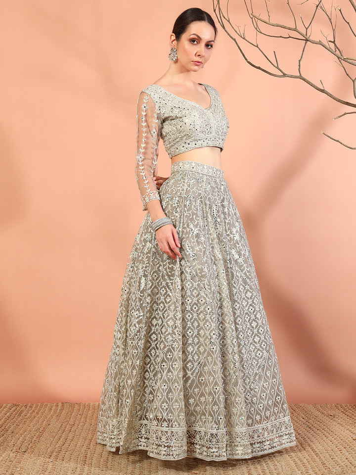 Nude Grey Resham Aari Embroidery and Mirror Work Choli Lehenga Set & Embellished Dupatta