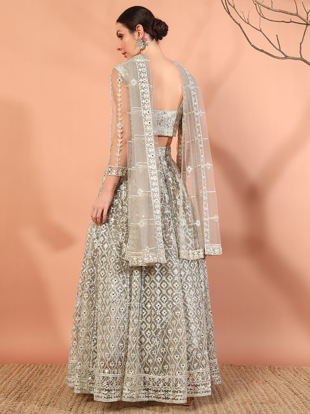 Nude Grey Resham Aari Embroidery and Mirror Work Choli Lehenga Set & Embellished Dupatta