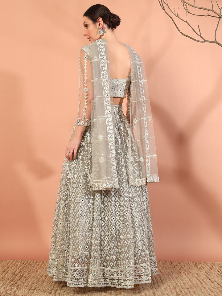 Nude Grey Resham Aari Embroidery and Mirror Work Choli Lehenga Set & Embellished Dupatta