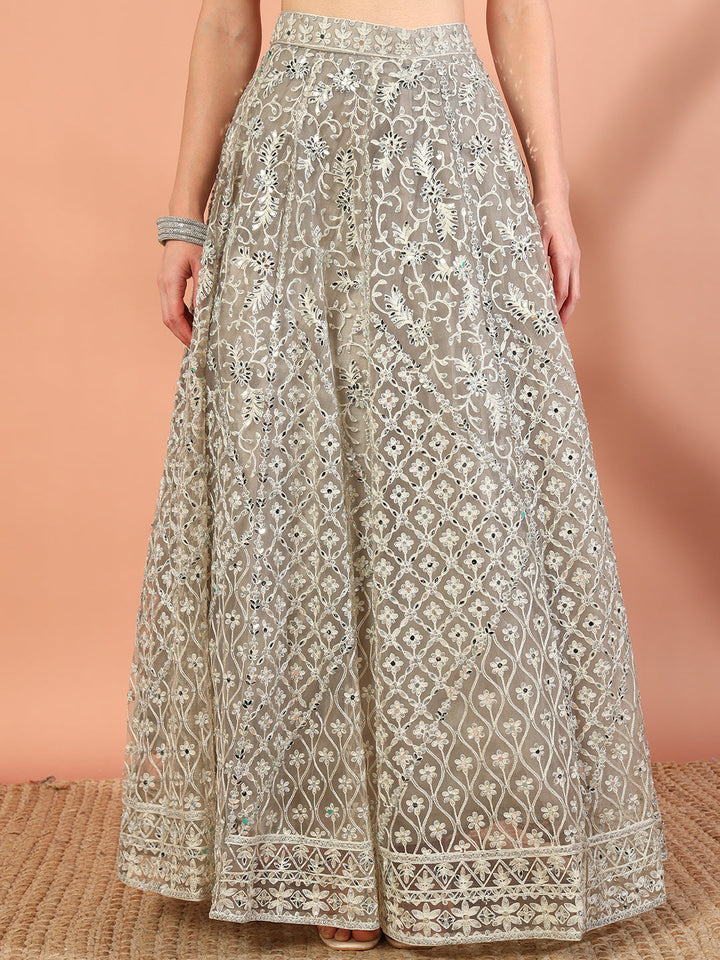 Nude Grey Resham Aari Embroidery and Mirror Work Choli Lehenga Set & Embellished Dupatta